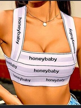 SHEIN White Stripe "honeybaby" Logo Crop Top